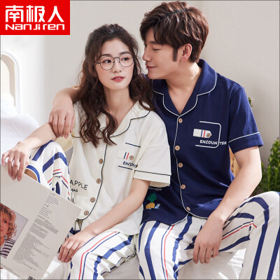 

Antarctic cotton pajamas mens couple pajamas short-sleeved trousers can be worn outside pajamas female summer Korean version of the striped home service suit male Tibetan blue stripes