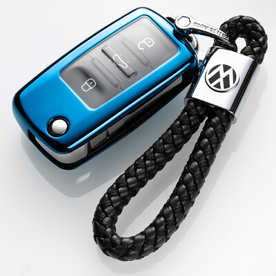 

Di Galen all-inclusive Volkswagen key shell New Bora Sagitar LaVida Jetta Santana Lang Wei collar key bag car leather keychain A electric light blue braided key rope