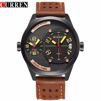 

CURREN luxury brand 2017 New black leather Strap Fashion Casual Business 30 meter Waterproof Relogio Mascu Dual time zone 8252