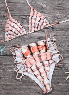 

2018 Women Two Piece Bikini Set Halter Plaid Print Padded Bandage Criss Over High Waist Sexy Bathing Suit