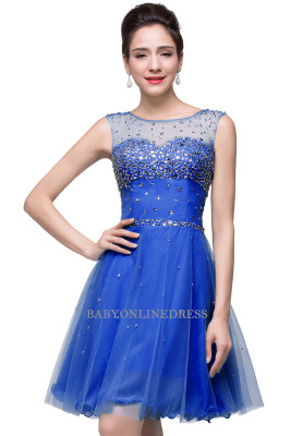 

2018 A-line Sleeveless Crew Short Tulle Prom Dresses with Crystal Beads