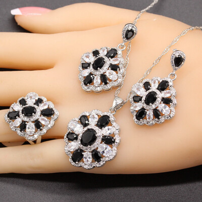 

Luxurious Multicolor Stone Silver Plated Jewelry Sets for Women Choker Dangle Earrings Ring Three Colors Available