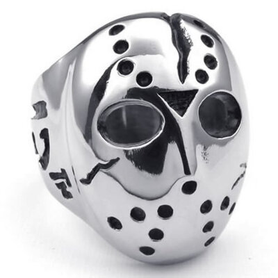 

Hpolw Polished Stainless Steel Halloween Jason Mask Band Design peculiar fashion Men Silver&Black charm ring