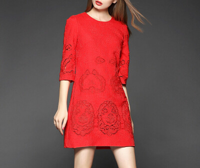 

Lovaru ™ 2015 new arrival high quality 2015 new women's autumn and winter hollow Slim red dress embroidered sleeve pencil skir