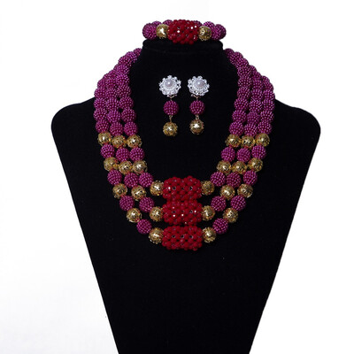

3 Rows Red Rose Wedding Jewelry Set For Women African Crystal Beads Jewelry Nigerian Bridal Coral Ball Necklace Eearring Bracelet