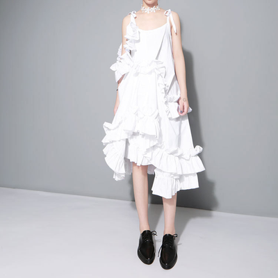 

QUZIHUA 2018 New Arrival Beautiful Irregular Multi-level Ruffled Asymmetrical length Sexy Sleeveless Strap Midi Women Dresses
