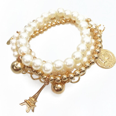 

MyMei Fashion Womens Jewelry Gold Metal Pearl Charm Bangle Multilayer Pendant Bracelet