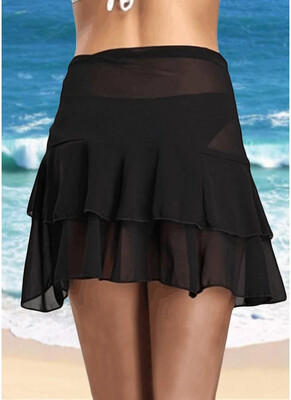 

2018 Women Sheer Beach Skirt Ruffles Solid Mini Skirt Swimsuit Beachwear