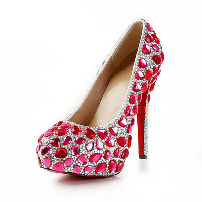 

Peach red color drill Round head slender shoe Wedding banquet Nightclub Waterproof Super heel shoes