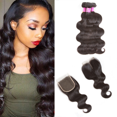 

Glary Mongolian Virgin Human Hair with Closure Body Wave 100 Unprocessed Hair Wefts 3 Bundles with Closure Natural Black