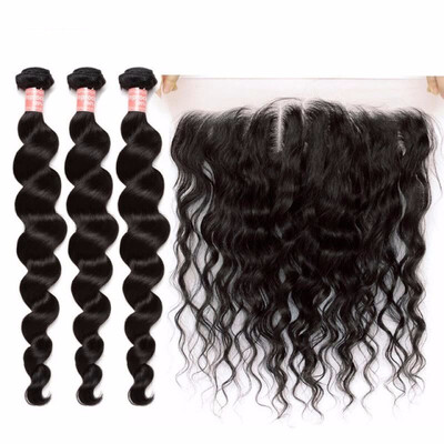 

Loose Wave Bundles With Frontal Closure 3 Brazilian Hair Weave Bundles With Closure 4 PiecesLot Remy Human Hair 13x4 Lace Dolago
