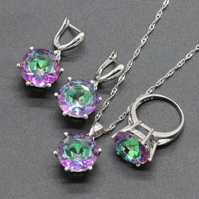

Purple Stone Silver Plated Jewelry Sets for Women Necklace Dangle Drop Earrings Ring Four Colors Available Free Jewelry Box