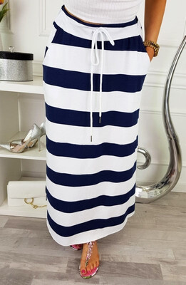 

Women High Waist Striped Print Drawstring Skirt Long Stretchy Dress Casual Party