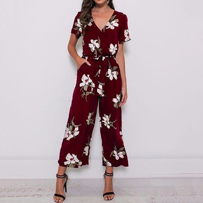 

Europe&the United States 2018 summer fashion v-neck with a belt waist short sleeve jumpsuit short sleeve jumpsuit