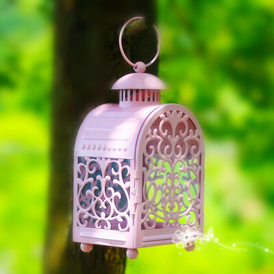 

European Candlestick pink Morocco hollow carving wedding decoration Iron Art Lantern candlestick