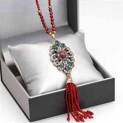 

New Turkish Bead Pendant Necklace For Women Natural Stone Strand Chain Antique Gold Color Resin Tassels Necklace Wedding Jewelry