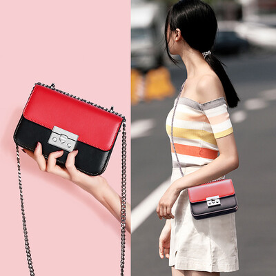 

POLO ladies leather shoulder bag fashion contrast color Messenger bag simple trend chain handbag small square bag ZY340P831J red with black