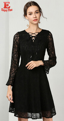 

M L XL XXL 3XL 4XL 5XL plus size elegant autumn 2018 women lace dress long sleeve big size black slim A line office hollow out