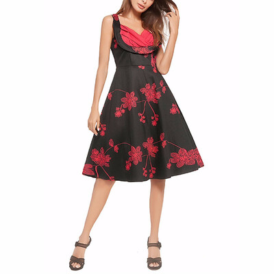 

BOFUTE New Europe America Womens Dresses Tube Top Contrast Color Printing V-Neck Hepburn Big Pendulum Dress A0016