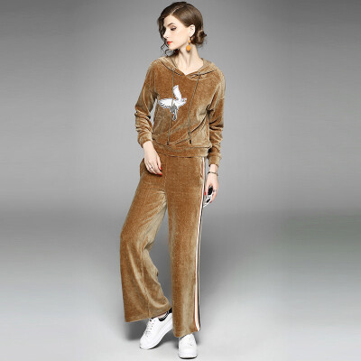 

2018 New Spring Casual Suits Hooded Embroidery Sweatshirt Long Straight Loose Pants Two Piece Tracksuits Sets