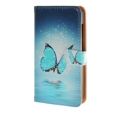 

MOONCASE Microsoft Lumia 435 Case Blue butterfly Leather Flip Card Wallet Slot Bracket Back Case Cover A 06