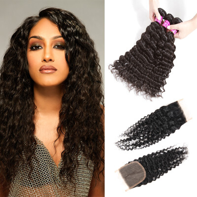 

8A Malaysian Virgin Human Hair Deep Wave Bundles With 44 Free Part Closure Wholesale Unprocessed Bundles With Closure