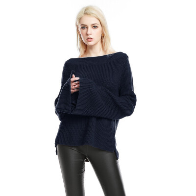 

QUZIHUA 2018 New Spring Fashion Long Flare Slit Sleeve Slash Neck Loose Plus Size Women Sweater Female Knitwear