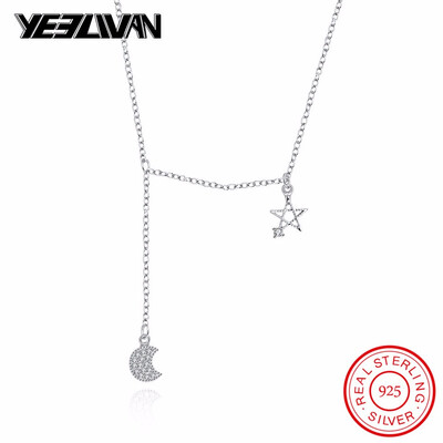 

New Silver Color Tiny Cute Moon Star Crystal Necklaces for Women Girls Ladies Pendant 925 Sterling Silver Choker Charm Necklace