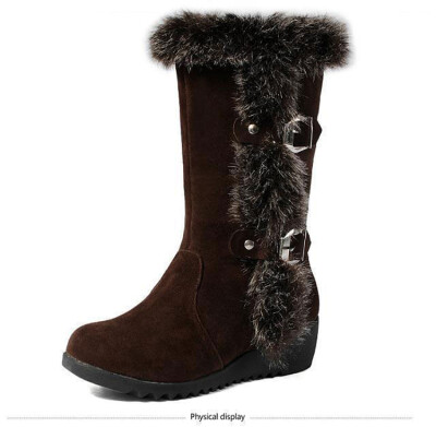 

Women Lady Faux Leather Rabbit Fur Buckles Mid Calf Wedge Heel Snow Boots Shoes