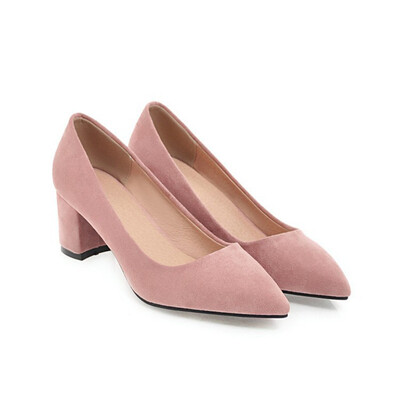 

IDIFU Womens Trendy Faux Suede Pointed Toe Low Cut OL Work Shoes Block Medium Heel Slip on Pump