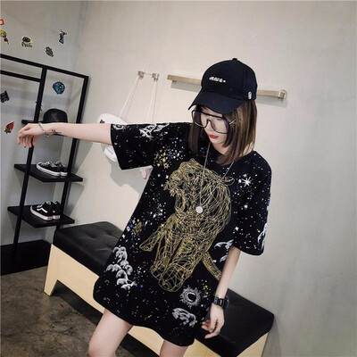 

Summer Plus size Big And Loose Hiphop Girl Printed stars Punk Short Sleeved T Shirt
