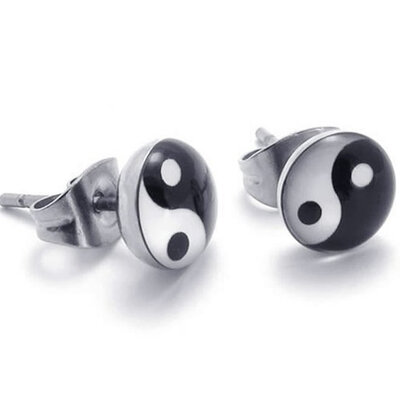 

Hpolw Two Tone Stainless Steel Earth & Heaven Mens Stud Earrings 2pcs Color White Black
