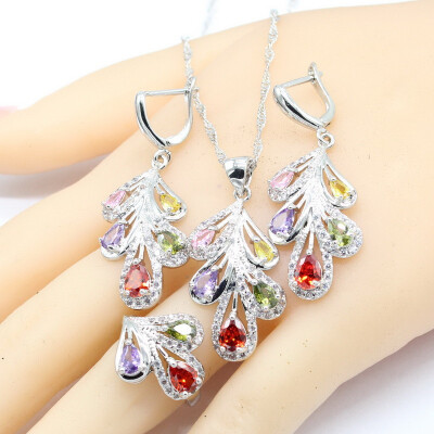 

925 Sterling Silver Jewelry Sets For Women 4 Colors Cubic Zirconia Necklace Pendant Earrings Rings Free Gift Box