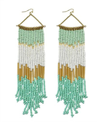 

Idealway New Fashion Bohemian 3 Colors Green Blue Beige Handmade Mix Seed Beads Tassel Long Drop Earrings