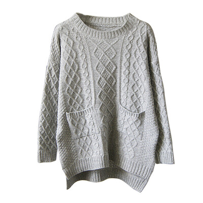 

Women Sweater Twist Braid Pocket Loose Pullover Knitwear Winter Jumper Casual Top