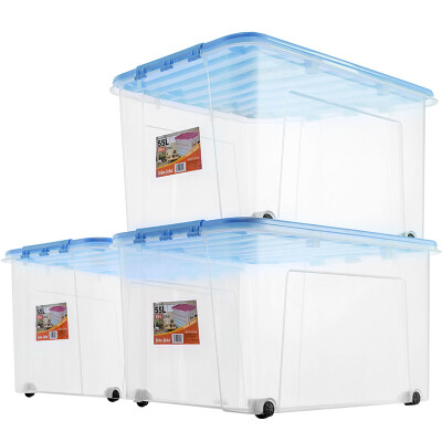 

JEKO&JEKO plastic transparent storage box large 55L 3 Pack storage box clothes storage box toy storage box pulley storage box blue SWB-5212