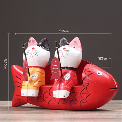

Japanese hand-carved wooden cat fish couple home crafts animal furnishings home decoration birthday gift