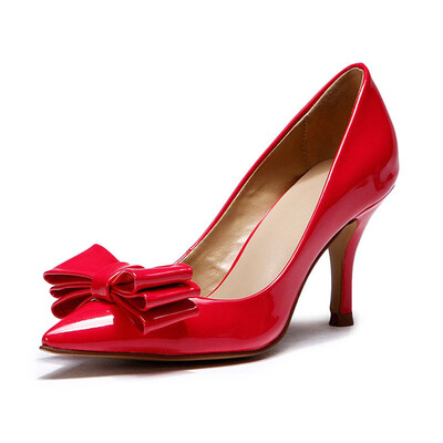 

Patent Leather Stiletto heel Nifty bowknot Superficial mouth Single shoes Minimalism OL high heel shoes