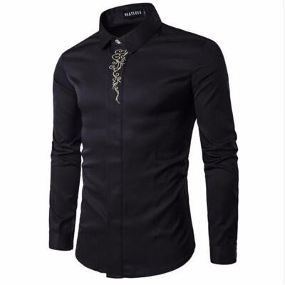 

Men Long Sleeve Shirts Luxury Gold Embroidery Printed Brand Weeding Shirt Gentleman Tuxedo Shirts Chemise Homme Solid Camisas