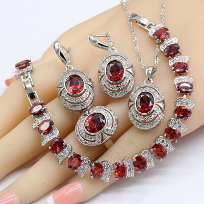 

925 Logo Silver Jewelry Sets For Women Red Garnet White Topaz Necklace Pendant Bracelets Earrings Rings