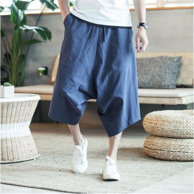 

Mens wide crotch harem pants loose summer large cropped trousers wide-legged bloomers Chinese style flaxen baggy