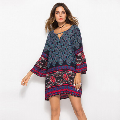 

New Arrival Women Retro Floral Printed V-Neck Casual Mini Dress