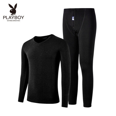 

Playboy Mens Thermal Underwear Set V-neck Basic Thermal Underwear Mens Thick Autumn Clothes Long Pants Set Light Gray V-neck