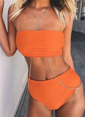 

2018 Strapless Solid Top High Waist Bottom Women Bikini Set