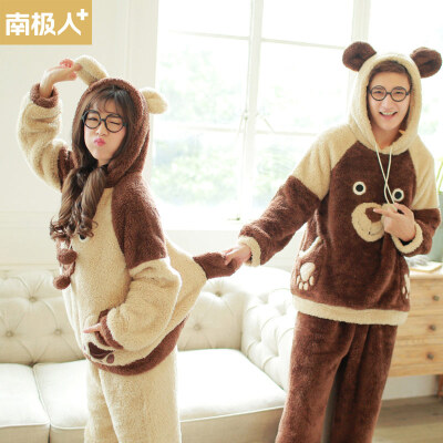 

Antarctic couple pajamas female winter head flannel long sleeve cartoon monkey coral fleece home service T-DR8018 male models brown  code