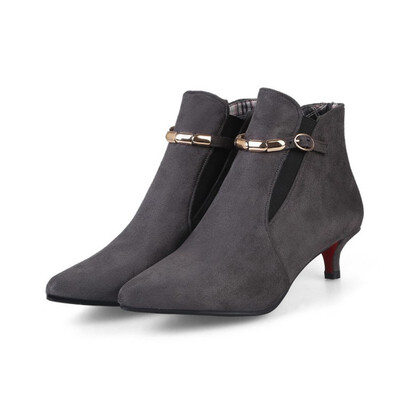 

IDIFU Womens Dressy Faux Suede Buckle Strap Elastic Pointed Toe Kitten Heel Ankle Booties