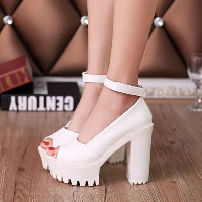 

Women shoes fashion sexy women sandals Fish head sandals women Solid color heeled sandals 2016 hot Summer PU heeled sandals