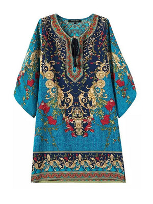 

Bohemian Style Floral 3/4 Sleeves Shift Mini Dress