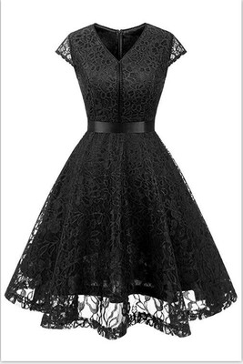 

Womens Vintage Short Sleeve A-Line Cocktail Party Swing Dress with Floral Lace