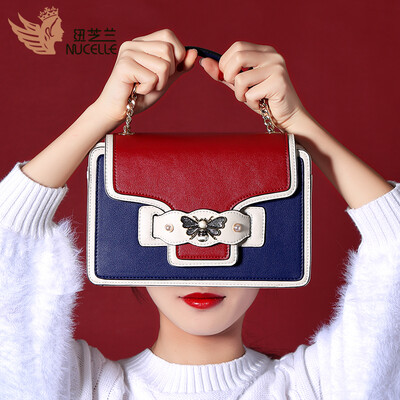 

New Zealand NUCELLE bag handbags fashion contrast color soft leather shoulder bag ladies casual handbag Messenger female 230 sea blue with dark red